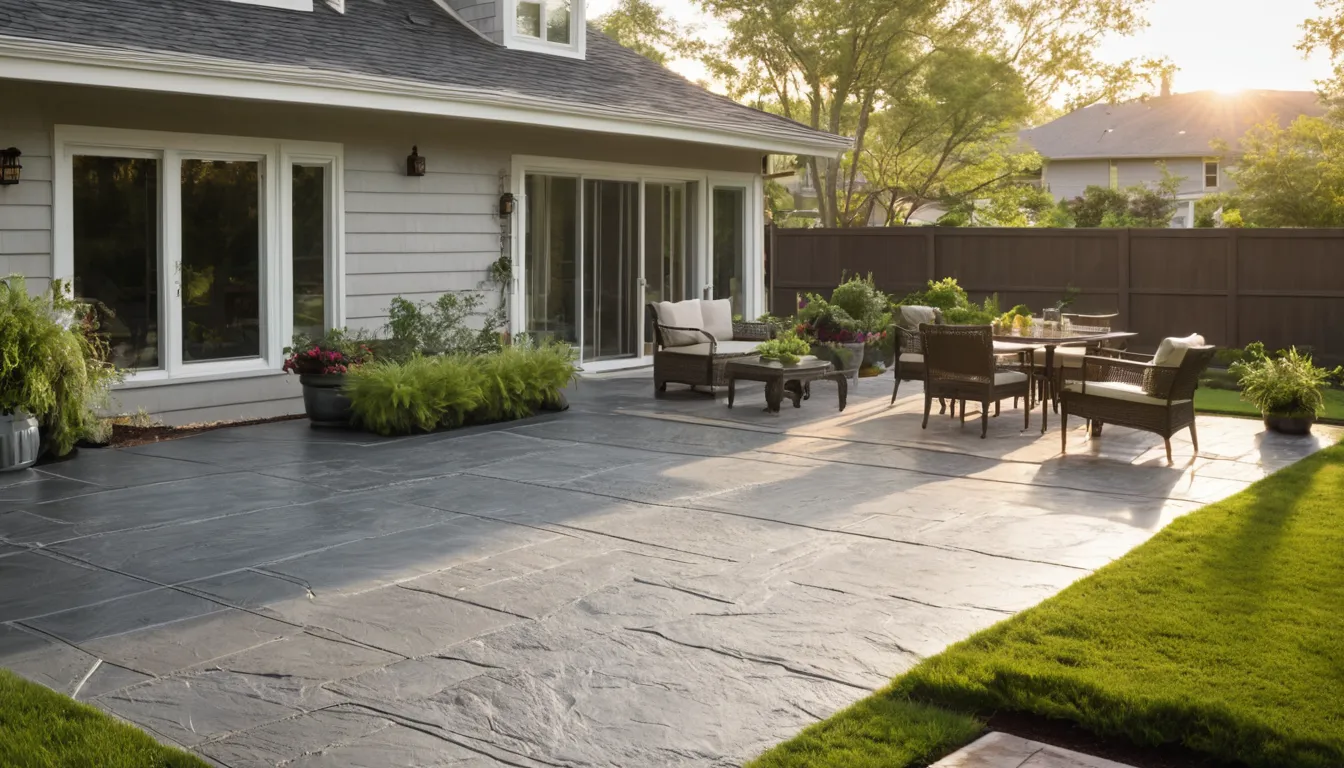 Stamped concrete patio with a slate pattern behind a home in Arlington Heights, the Arlington Heights area